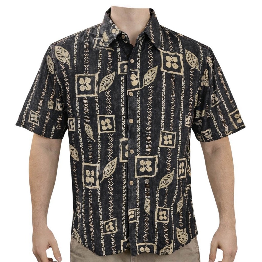 Cooke Street Hawaiian Aloha Shirt 2XL Tribal Symbols Floral  Pale Black Tan